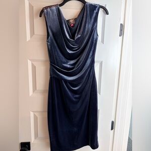 Vince Camuto Cowl Neck Velvet sheath dress in navy blue